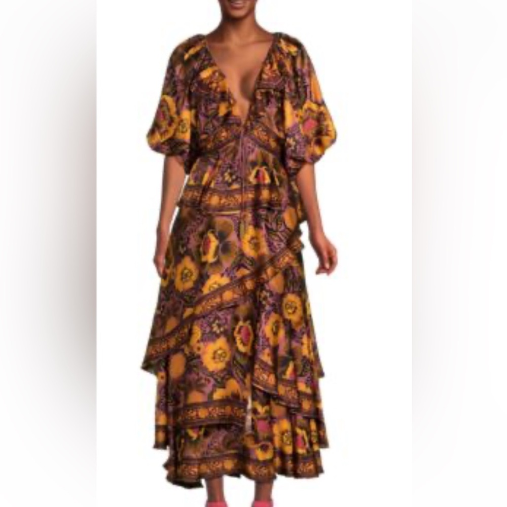 Farm Rio Blush Garden Bloom Layered Maxi Dress Balloon sleeves Double
V neck XS